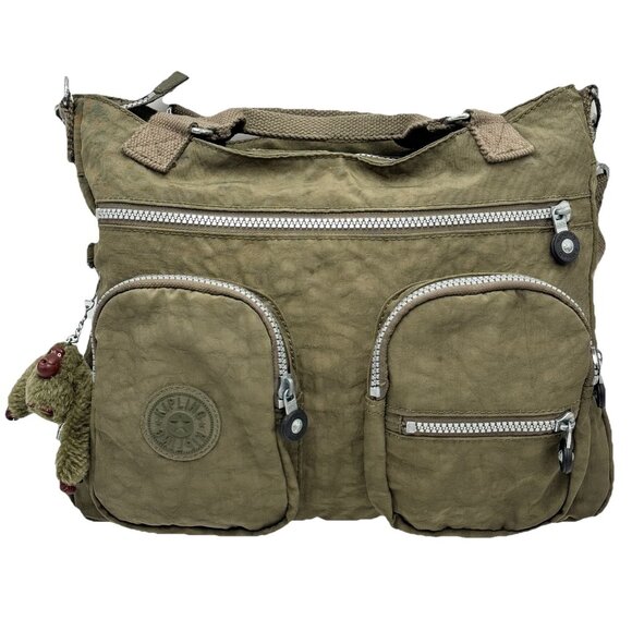 Vintage Kipling Adomma Handbag Women's Green Crinkle Nylon Satchel Crossbody Y2K - Picture 1 of 13